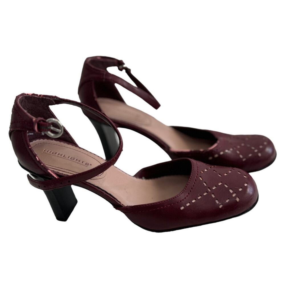 Vintage Women's Retro Highlights Maroon Leather Heel Sandal Size 6